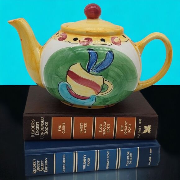 Hausenware VTG Teapot Colorful Yellow Festive Artist Handpainted Crackle Design - Picture 3 of 12